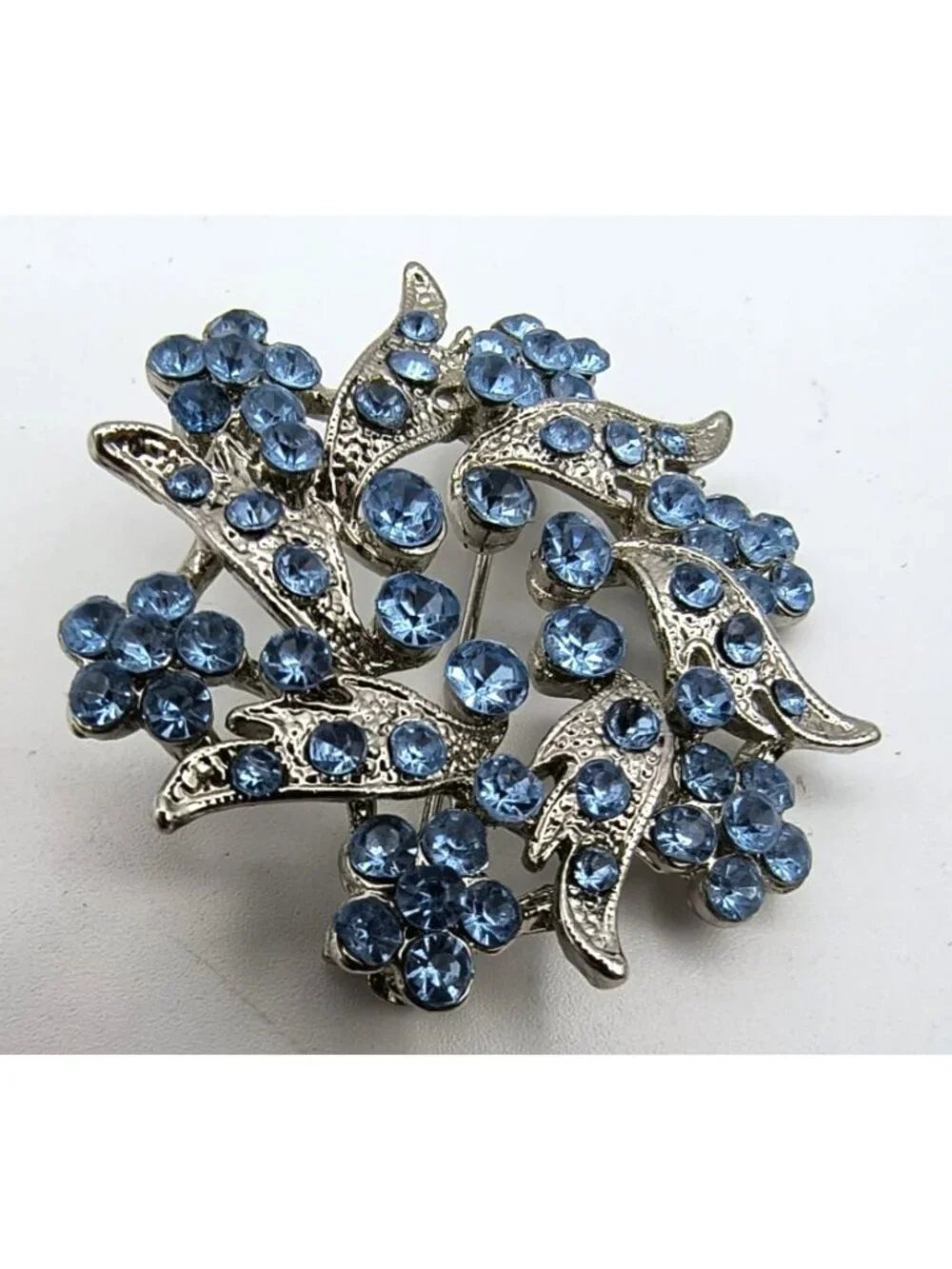 Vintage Silver-Tone Brooch Blue Rhinestone Floral Design